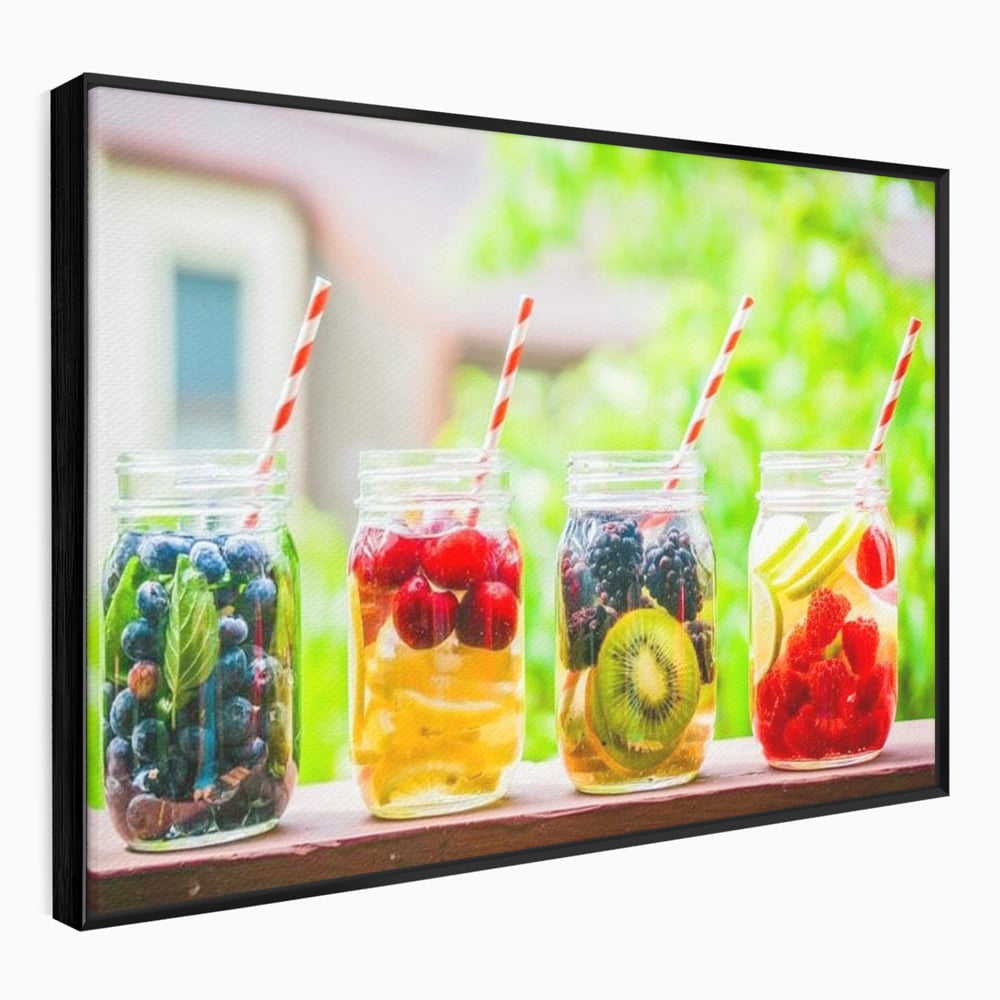 Tablou canvas cu patru borcane cu limonada de fructe, in rama de aluminiu negru